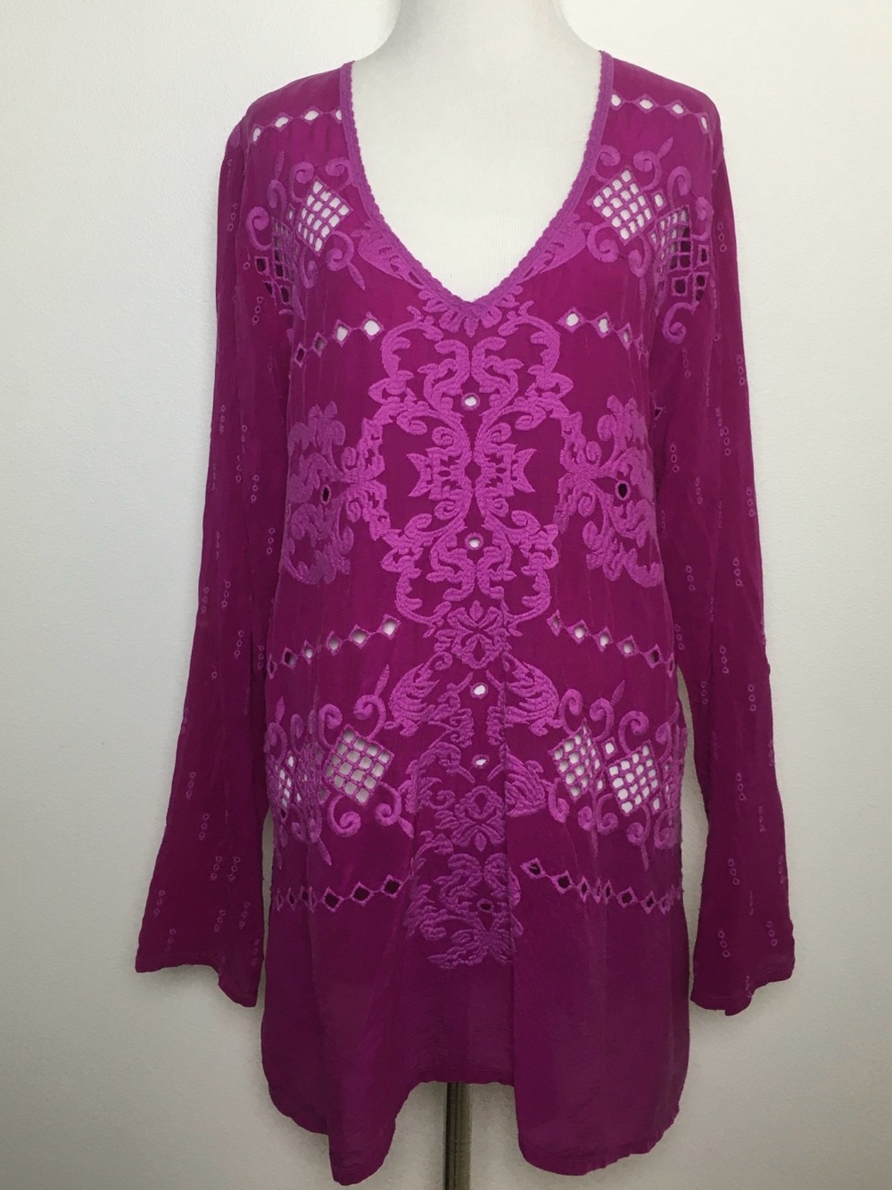 Johnny Was | Magenta Embroidered V-Neck Boho Top
